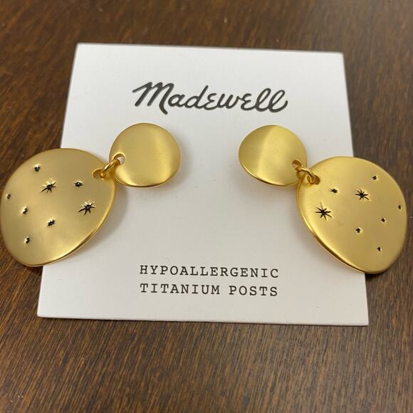 Madewell Vintage Gold Etched Stars Drop Earrings Atomic Starburst MCM NEW - Picture 4 of 6